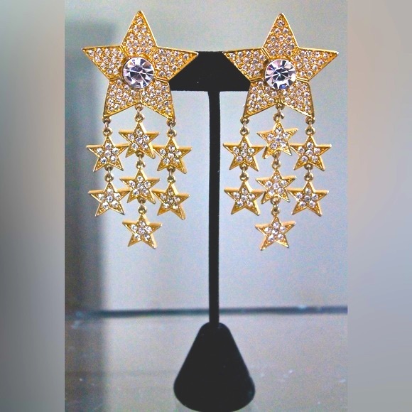 TARA STARS EARRINGS DANGLE CLIP ON VINTAGE SAMPLE - Picture 2 of 5